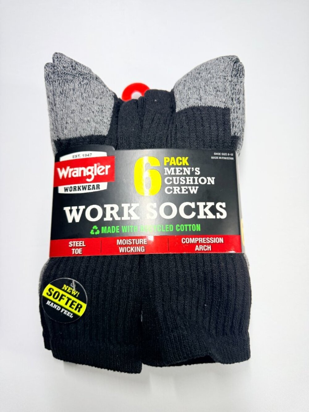 Wrangler Men's Cushion Crew Work Socks Black 6 Pack Arch Support Durable Sz 6-12